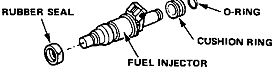 Exploded view of a fuel injector showing the rubber seal, fuel injector body, O-ring and cushion ring that must be replaced when servicing fuel line parts.