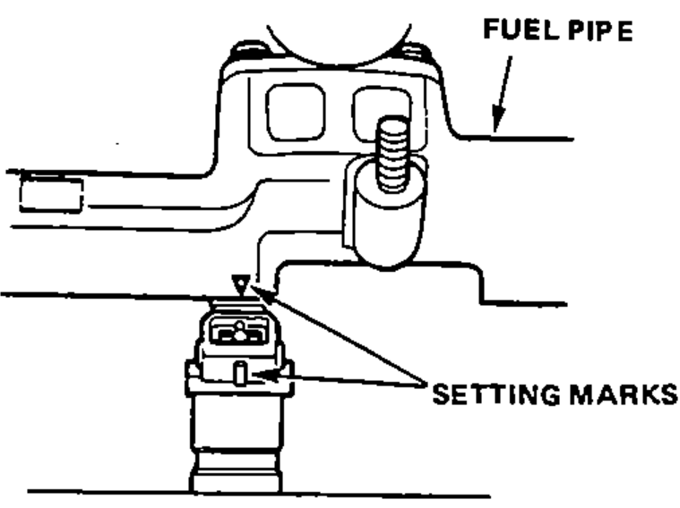 Detail of the fuel pipe and injector holder showing the setting marks that the coupler center line must align with when installing an injector.