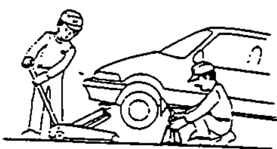 Illustration of two workers around a car raised on a jack, one signalling to the other, depicting working safely and communicating signals.