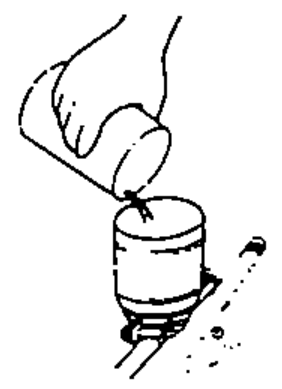 Illustration of brake fluid being poured/dripped into a reservoir, depicting handling of brake fluid and hydraulic components.