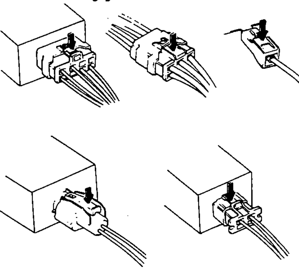 Several examples of couplers where the lock is pressed (pushed down) to disengage, with down-arrows indicating where to press.