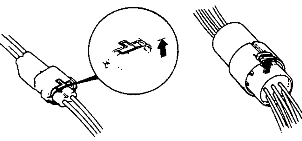 Examples of couplers where the lock is pulled up to disengage, including an enlarged detail circle of the locking tab with an up-arrow.