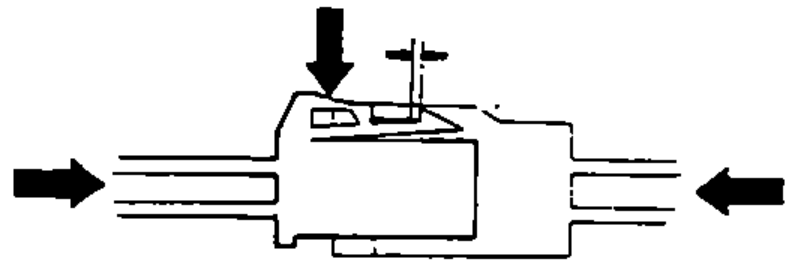 Coupler being pressed in (down-arrow) while the two halves are pushed together (side arrows), depicting pressing in the coupler to clear the locking device before operating the tab.