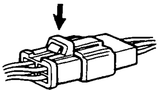 Plastic plug with a locking tab being released, with a large down-arrow indicating the tab must be released before disconnecting.