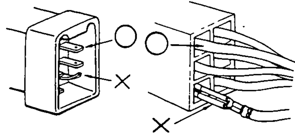 Connector terminals shown with O (in place) and X (bent or distorted), depicting checking that terminals are in place before connecting.