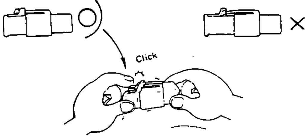 Couplers being inserted fully until they click (O) vs not fully engaged (X), depicting inserting couplers fully and engaging locking tabs.