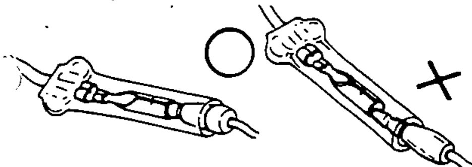 Male connector fully inserted with plastic cover positioned correctly (O) vs not fully inserted / cover open end facing up (X).