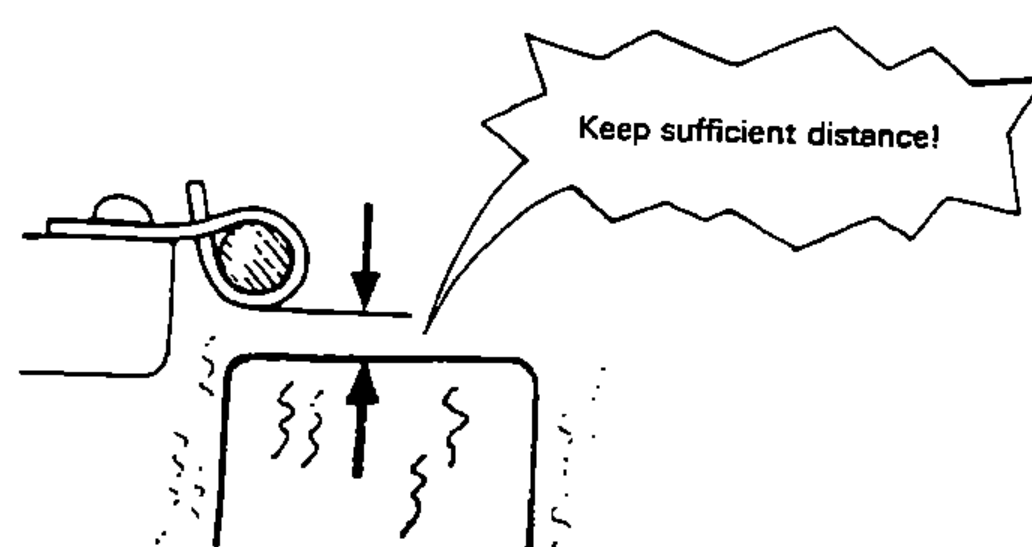 Wire harness near a heated surface with up/down arrows and a starburst note 'Keep sufficient distance!', depicting keeping a safe distance from heated parts.