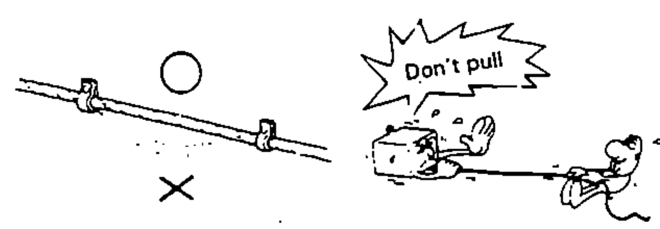 Harness being pulled taut by a person with a starburst note 'Don't pull' marked X, depicting not pulling harnesses taut or leaving them slackened.