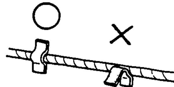 Adhesive clamp attached to a cleaned surface (O) vs poorly attached/peeling clamp (X), depicting cleaning the attaching surface when an adhesive is used.