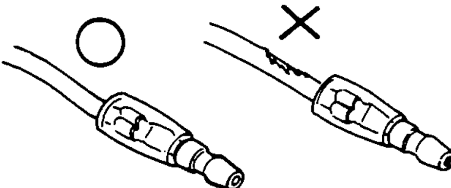 Wire with intact insulation (O) vs wire with damaged/broken insulation (X), depicting not damaging or using wires with broken insulation.