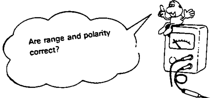 Cartoon character on a Service Tester with a thought bubble 'Are range and polarity correct?', depicting following the manufacturer's instructions when using the Service Tester.