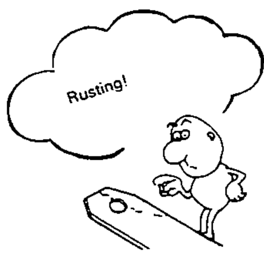 Cartoon character standing on a rusty surface with a thought bubble 'Rusting!', depicting removing rust from terminals before connecting connectors and couplers.