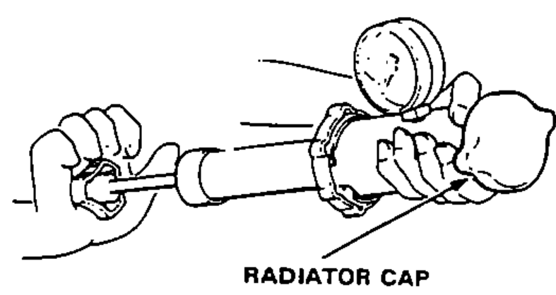 Hands holding a radiator cap attached to a pressure tester with a round pressure gauge, used to pressure-test the radiator cap.