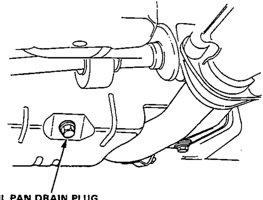 Underside view of the engine showing the location of the oil pan drain plug with its tightening torque.