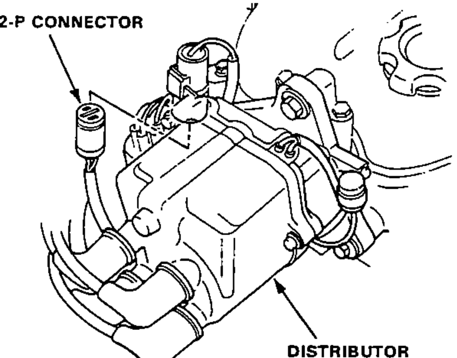 Distributor on the engine showing the 2-P connector (ignition coil primary lead) and the distributor body.