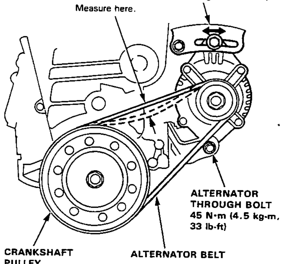 Front engine view for alternator belt adjustment showing where to measure belt deflection between the alternator and crankshaft pulleys, with torque callouts for the alternator nut and through bolt.