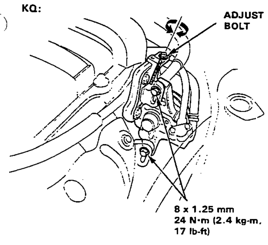 KQ model: close-up of the P/S adjust mechanism showing the ADJUST BOLT and the 8 x 1.25 mm bolt torqued to 24 N·m (2.4 kg-m, 17 lb-ft).