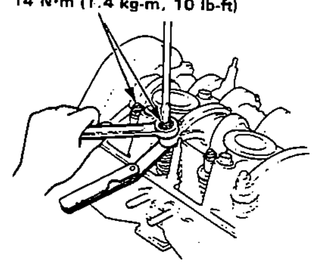 Close-up of valve adjustment showing the feeler gauge, adjustment screw and locknut, with torque callout for the locknuts.