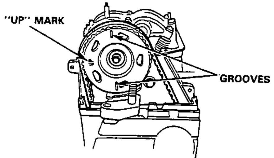 Number 3 piston at TDC: timing-belt pulley showing the "UP" MARK pointing to the exhaust side and the GROOVES.