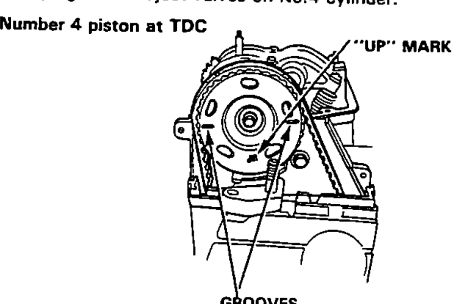 Number 4 piston at TDC: timing-belt pulley showing the "UP" MARK and both TDC GROOVES visible.