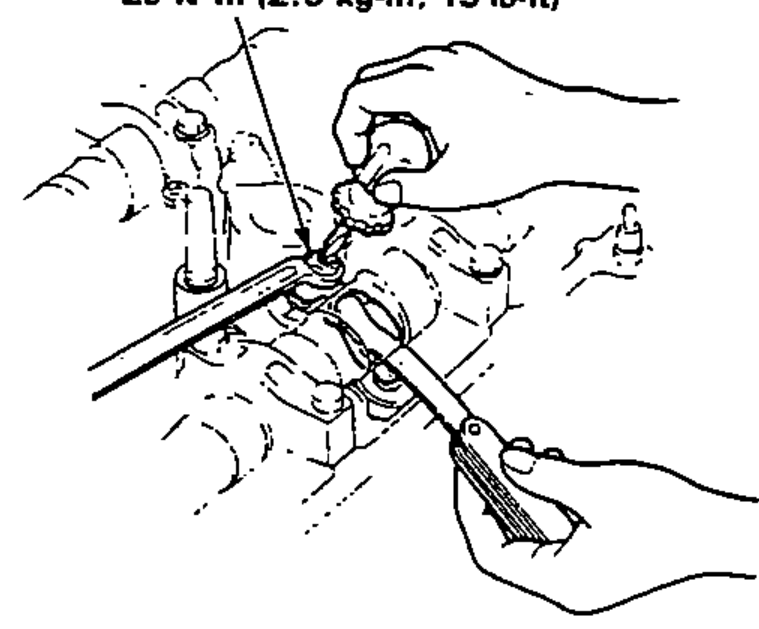 Close-up of valve adjustment showing hands using a feeler gauge and wrench on the adjust screw and locknut, with the locknut torque callout.