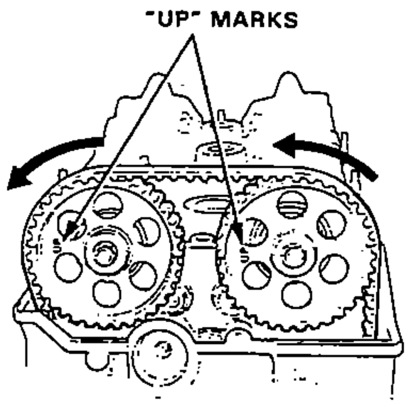 Number 3 piston at TDC: both cam pulleys with the "UP" MARKS at exhaust side; the EXHAUST CAM PULLEY and INTAKE CAM PULLEY are labelled, with rotation arrows.