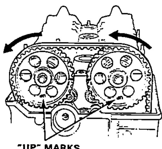 Number 4 piston at TDC: both cam pulleys with the "UP" MARKS at bottom, with rotation arrows.