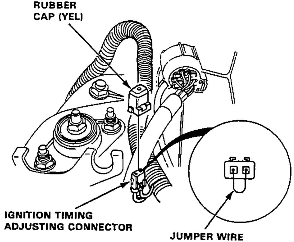 Left rear engine compartment showing the RUBBER CAP (YEL) removed from the IGNITION TIMING ADJUSTING CONNECTOR, with a JUMPER WIRE bridging the BRN and GRN/WHT terminals.