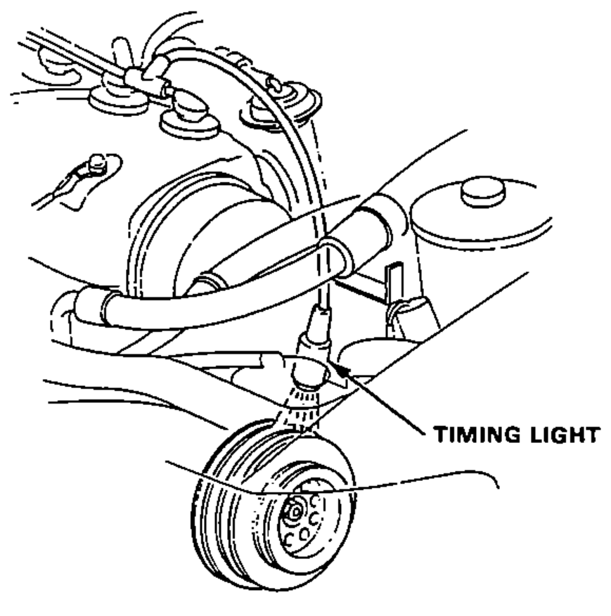 Engine view showing a TIMING LIGHT pointed at the pointer on the timing belt cover near the crankshaft pulley.