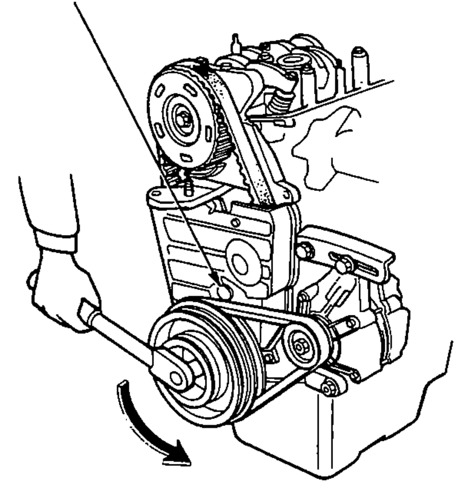 Tension adjustment illustration: a hand with a wrench loosening the adjust bolt on the timing belt tensioner, with an arrow indicating direction of rotation.
