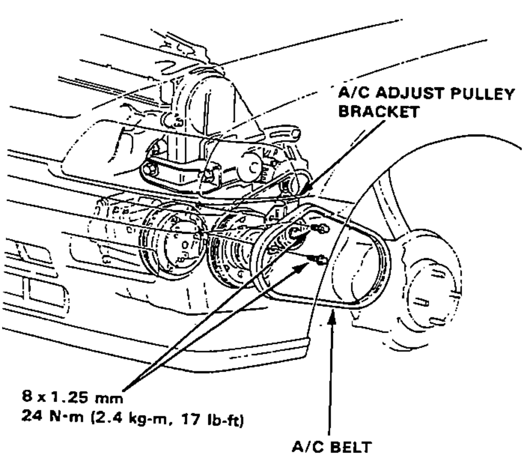 Engine front view showing the A/C compressor adjust pulley with bracket and the A/C belt, with bolt torque callout.