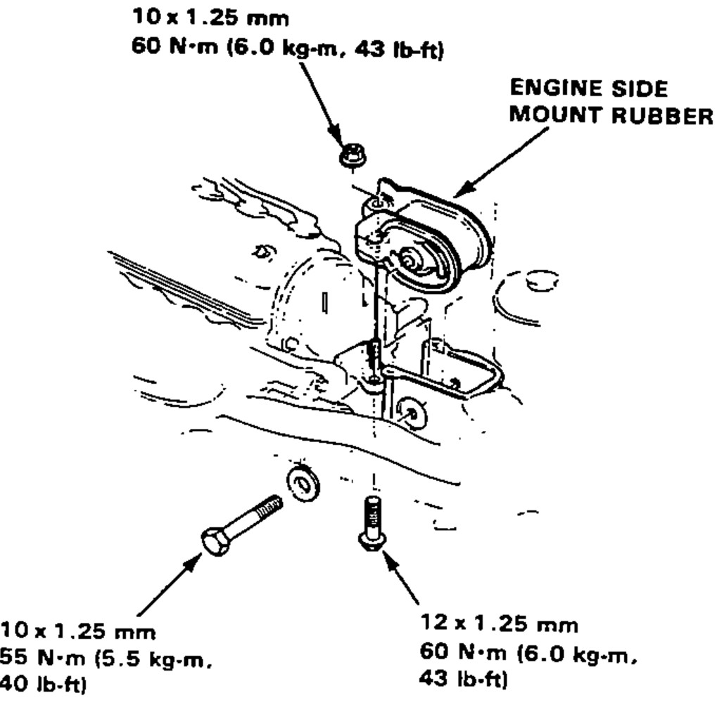 Engine side mount area showing the engine side mount rubber, support bolts and nut with torque callouts.