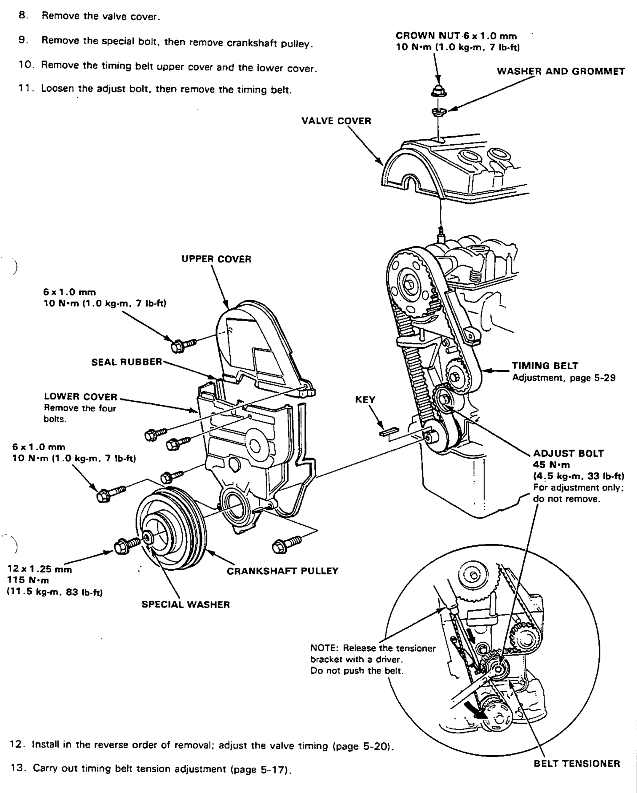 Exploded view of the timing belt removal: valve cover with crown nut and washer/grommet, timing belt upper cover, lower cover, seal rubber, crankshaft pulley with special washer, key, camshaft pulley, timing belt and belt tensioner with adjust bolt; inset shows releasing the tensioner bracket with a driver.