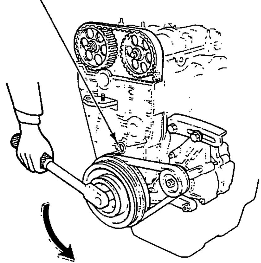 Tension adjustment illustration (DOHC): a hand with a wrench loosening the adjust bolt on the timing belt tensioner near the twin camshaft pulleys, with an arrow indicating direction of rotation.