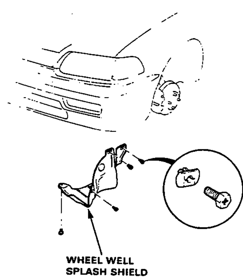 Front wheel well area showing the wheel well splash shield and its mounting bolts, with an inset detail of a bolt and clip.