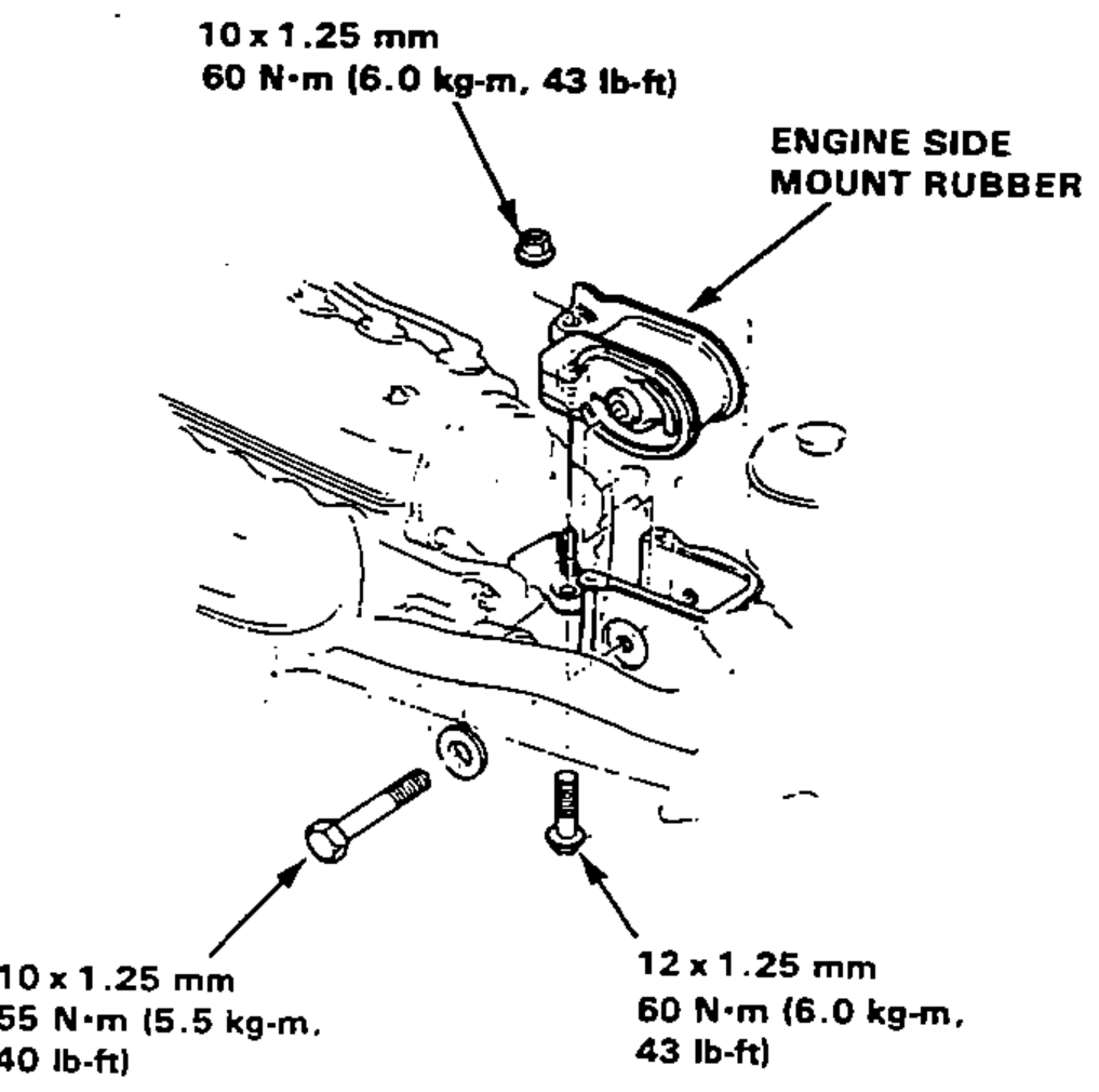 Engine side mount area showing the engine side mount rubber, support bolts and nut with torque callouts.