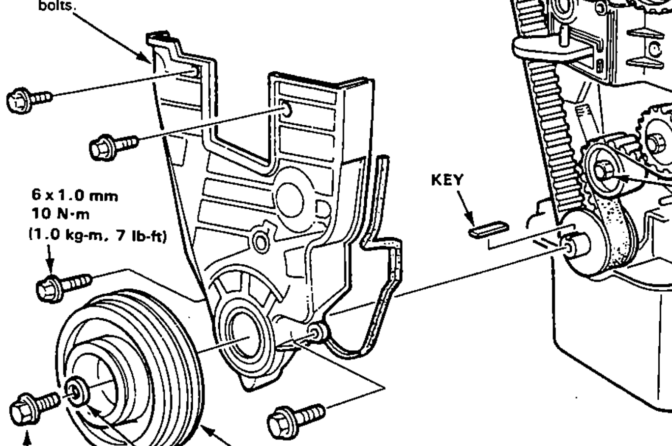 Exploded view of the timing belt assembly and covers, showing the upper cover, lower cover, valve cover, crankshaft pulley, special washer, crankshaft key, timing belt over the camshaft/crankshaft/adjuster pulleys, and the adjust bolt. Fastener torque callouts and bolt sizes are labelled with leader lines.
