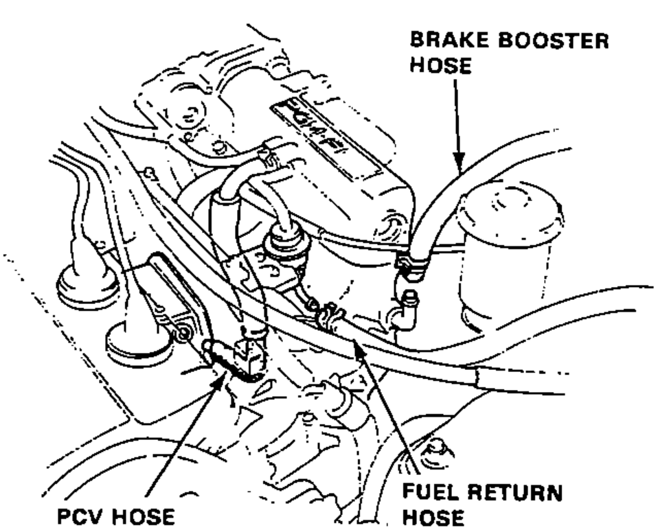 Engine bay view showing the brake booster hose, PCV hose, and fuel return hose routing around the intake/brake booster area.