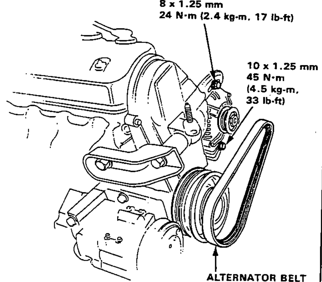 View of the alternator and alternator belt with mounting/adjusting bolt torque callouts.