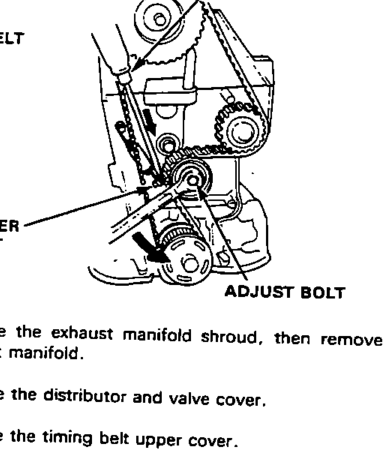 Detail of the timing belt tensioner bracket and adjust bolt; a driver releases the tensioner bracket. NOTE warns to release the bracket with a driver and not push the belt.