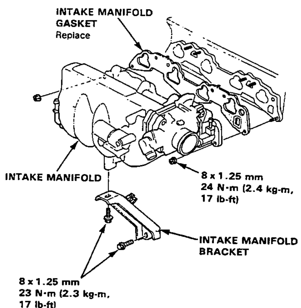 Exploded view of the intake manifold installation onto the cylinder head, showing the intake manifold gasket, intake manifold, and intake manifold bracket with fastener torque callouts.