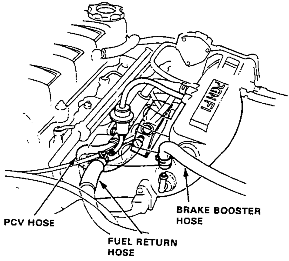 Top view of the engine showing the PCV hose, fuel return hose and brake booster hose routing on the intake manifold (PGM-FI cover visible).