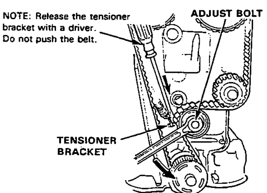 Timing belt area showing the tensioner bracket and adjust bolt being released with a driver.