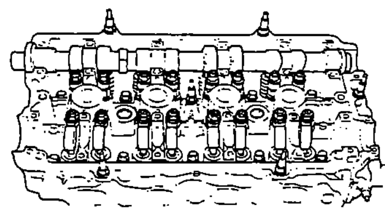 Top view of the cylinder head with the rocker arms placed on the pivot bolts and valve stems.