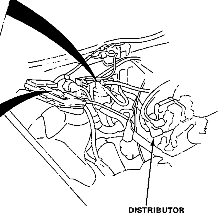Engine view showing the distributor and engine wire connectors / spark plug wires to be disconnected.