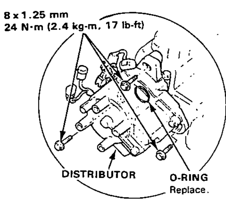 DOHC distributor mounting detail showing the distributor, O-ring (replace) and mounting bolts.