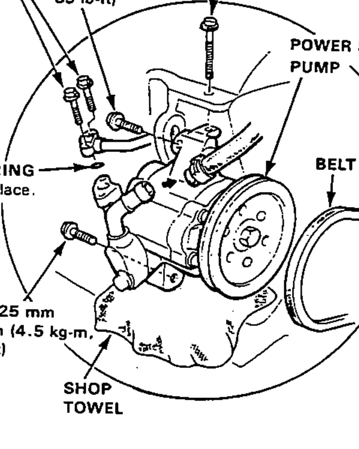 Power steering pump detail showing the belt adjust bolt, mounting bolts, V-belt, O-ring (replace) and a shop towel; with tightening-torque callouts. Left edge labels partly clipped by the scan margin.