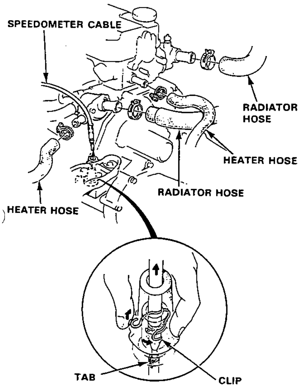 Engine view showing the speedometer cable, radiator hoses and heater hoses to be disconnected.