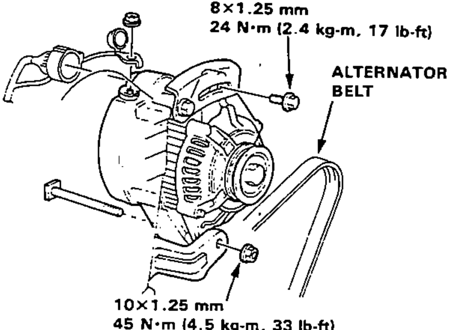 Alternator with adjust bolt, mount bolt and alternator belt; with mounting torque callouts.
